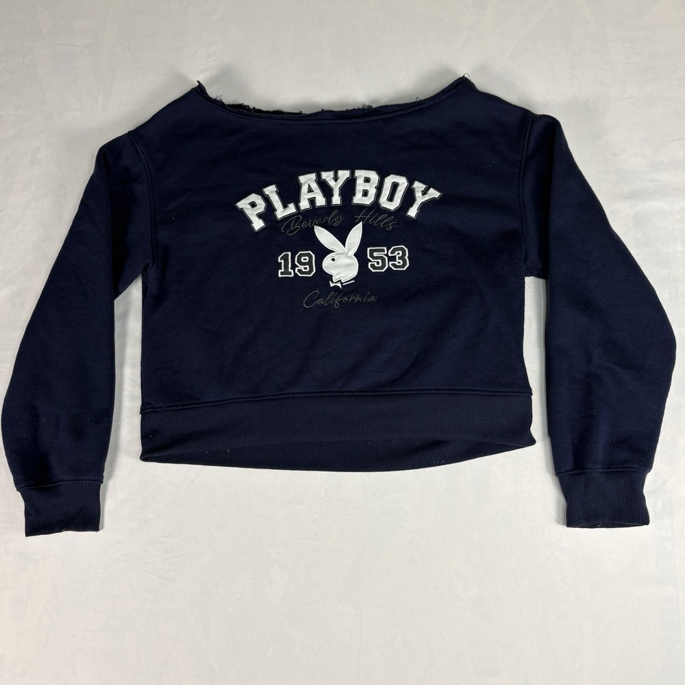 Playboy Bunny Embroidered Sweatshirt L Off Shoulder Cut Neck Beverly Hills Y2K